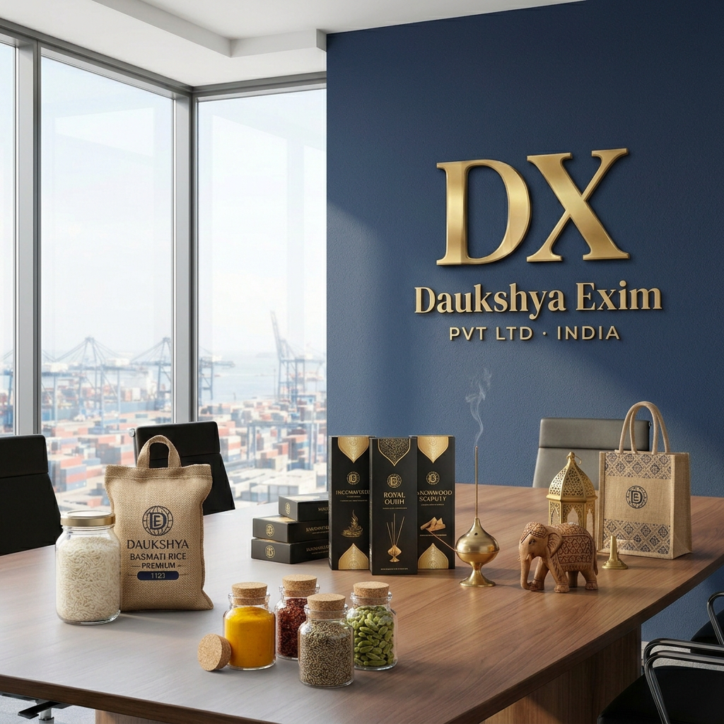 Daukshya Exim Pvt Ltd corporate office with premium Indian export products — basmati rice, spices, incense and handicrafts